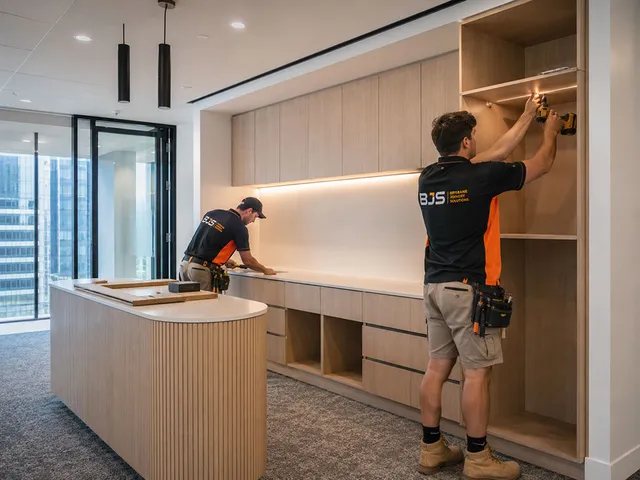 Sierra team fitting timber joinery in a commercial interior